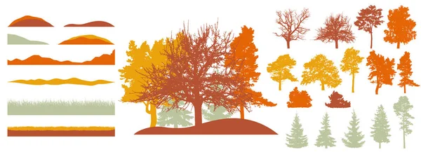 Forest Kit Constructeur Silhouettes Beaux Arbres Nus Sapins Herbe Colline — Image vectorielle