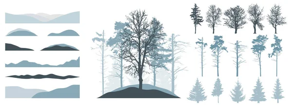 フォレストコンストラクターキット 美しいトウヒの木 裸の木 雪の丘のシルエット 美しい冬の森 景観を作成するための要素のコレクション ベクターイラスト — ストックベクタ