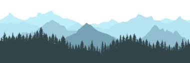 Dağların arkasındaki güzel orman, mavi renk. Köknar ağaçlarının silueti. Vektör illüstrasyonu.