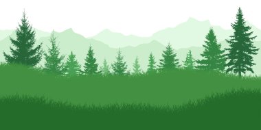 Spring nature, landscape. Green meadow on background of green forest and mountains. Vector illustration.
