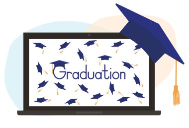 Sanal mezuniyet töreni. Dizüstü bilgisayar ve kare akademik başlık veya havan topu monitörü. Vektör illüstrasyonu