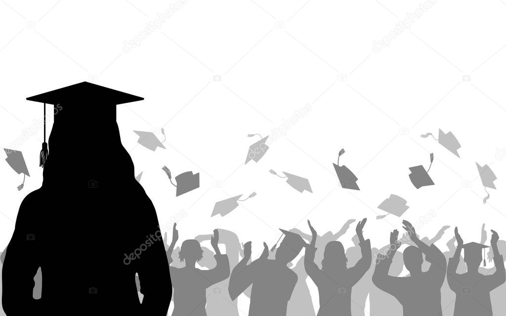 Girl graduate on background of joyful crowd of graduates throwing their academic square caps, silhouettes. Graduation ceremony. Vector illustration