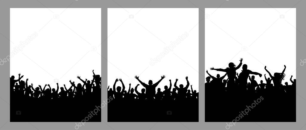 Set of crowds of people, vertical posters. Music or sport fans, cheerful people. Vector illustration.