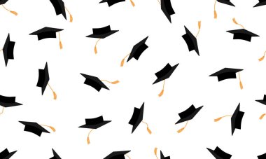 Siyah kare akademik şapkalar ya da havan tahtalarını sarı püsküllü, pürüzsüz desenli fırlatmak. Vektör illüstrasyonu.