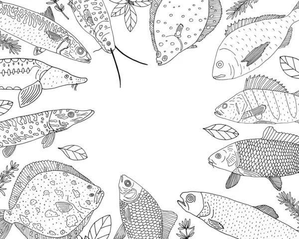 Каркас Намальована Рука Річкова Морська Риба Шаблон Кафе Ресторану Ринку — стоковий вектор