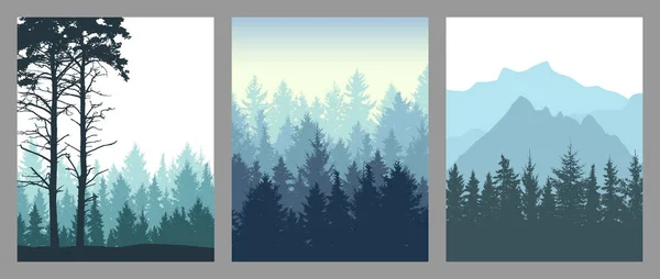 Set Vertical Posters Silhouette Forest Mountains Beautiful Spruce Trees Pine — Stock Vector
