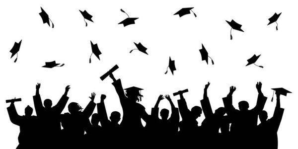 Cheerful graduate students with diploma, throwing academic caps, silhouette. Graduation at university or college or school. Vector illustration.