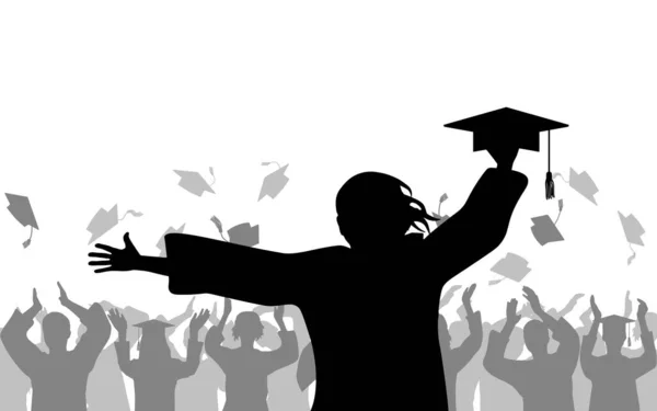学術帽 シルエットを投げる人々の喜びの群衆の背景に陽気な女の子の卒業生保持迫撃砲 ベクターイラスト — ストックベクタ