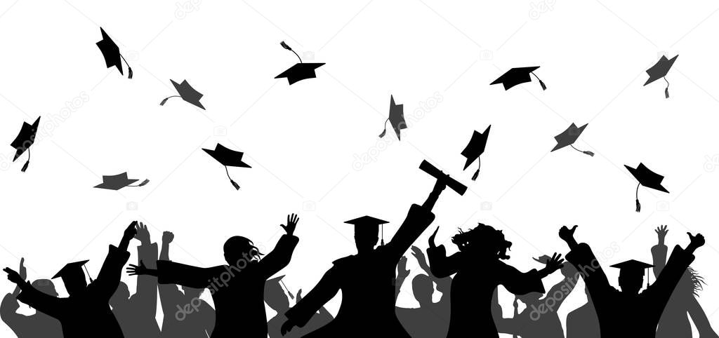 Graduation event ceremony. Happy graduate students with graduating caps and diploma or certificates, silhouette of group of people. Vector illustration.