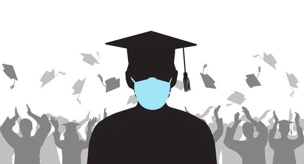 Σιλουέτα Απόφοιτος Ιατρικής Προστατευτικής Μάσκας Φόντο Χαρούμενα Άτομα Ομάδα Ρίχνουν — Διανυσματικό Αρχείο