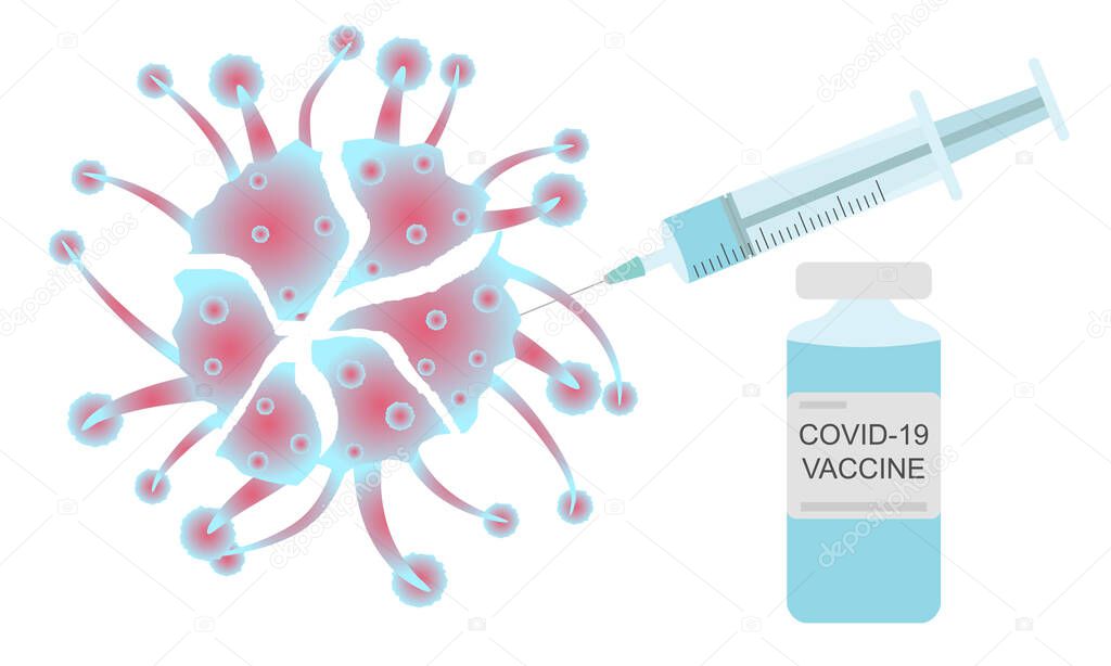 Destruction of covid-19 virus through vaccination. Vector illustration