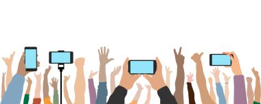 Telefonları olan insanların ellerini ve ellerini kaldırdı. Konserdeki ya da partideki neşeli insanlar, hayranlar. Vektör illüstrasyonu
