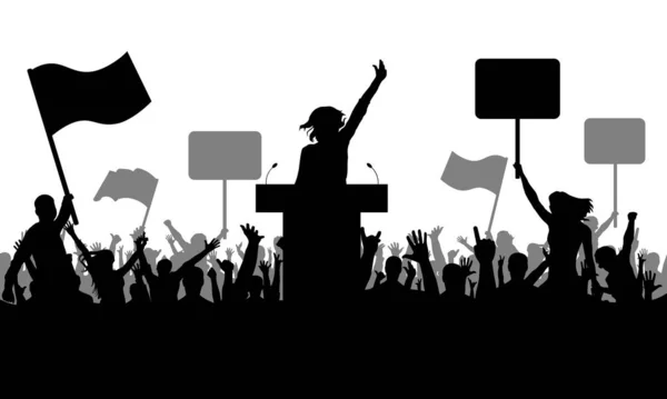 Politics Meeting Silhouette Demonstrating Crowd People Flags Banners Woman Speaker — Stock Vector