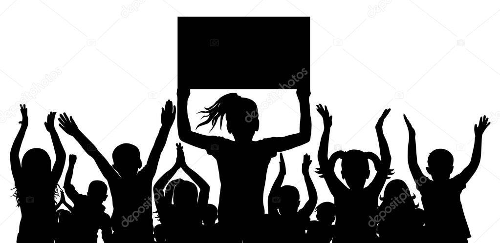 Silhouette of happy crowd of children and banner. Cheerful first graders. Vector illustration.