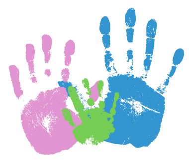 Hand prints of family. Texture of handprints of mother, father and baby. Human fingers and palm of hands. Vector illustration