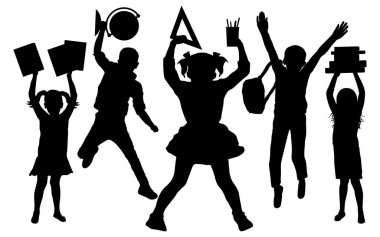 Silhouette of jumping and standing school students in full growth. Back to school. Pupils or first graders with school supplies. Vector illustration.
