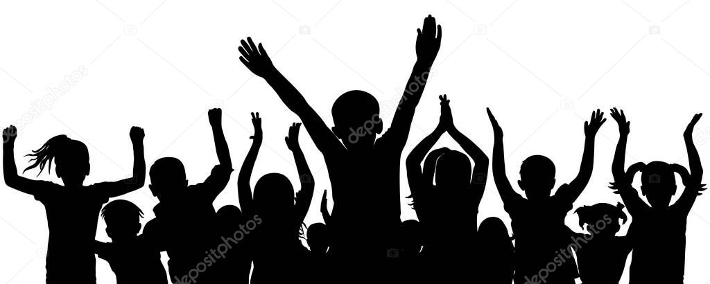 Cheerful and applauding crowd of children, black silhouette. Vector illustration