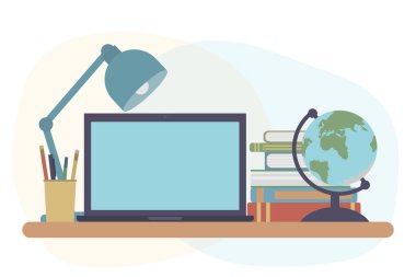 Uzaktan eğitim kavramı, öğrenci ya da öğrenci işyeri. Dizüstü bilgisayar, kitaplar, küre, kütle, kalem ve kalem. Vektör illüstrasyonu.