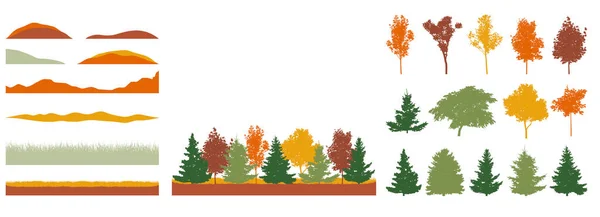Höstsäsong Vackra Askträd Lönn Gran Och Andra Träd Skapande Färgglada — Stock vektor