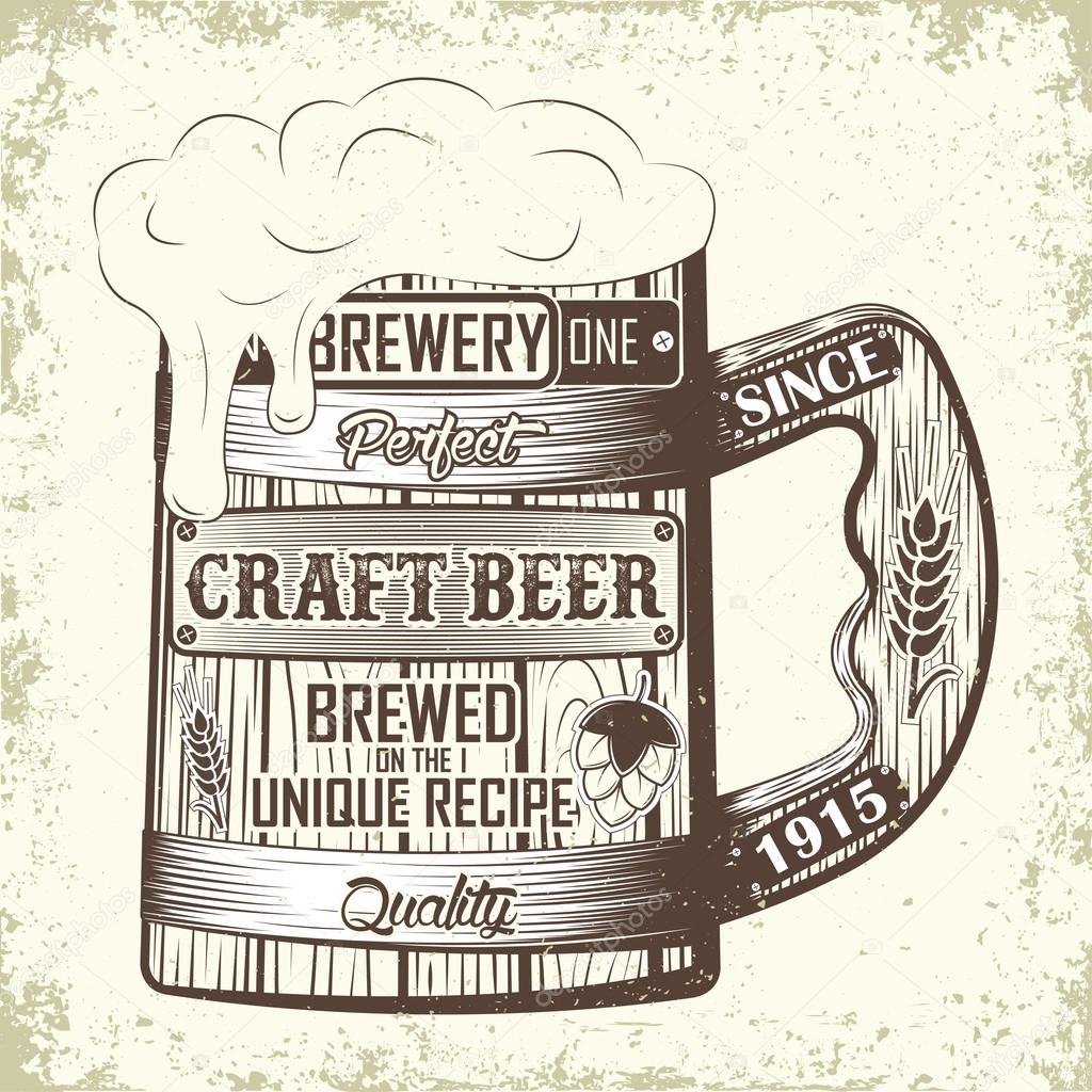 Vintage t-shirt graphic design,  grange print stamp, Craft beer typography emblem with wooden beer mug, Brewery logo Creative design, Vector