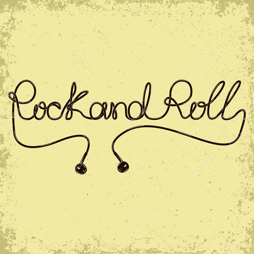 Grunge Monochrome Rock and Roll music print, hipster vintage label, graphic design with grunge effect, rock music tee print stamp design, t-shirt print lettering artwork with headphone cable, vector