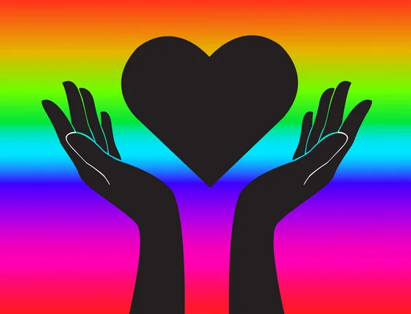 Manos sosteniendo arcoíris corazón signos arte vector — Vector de stock