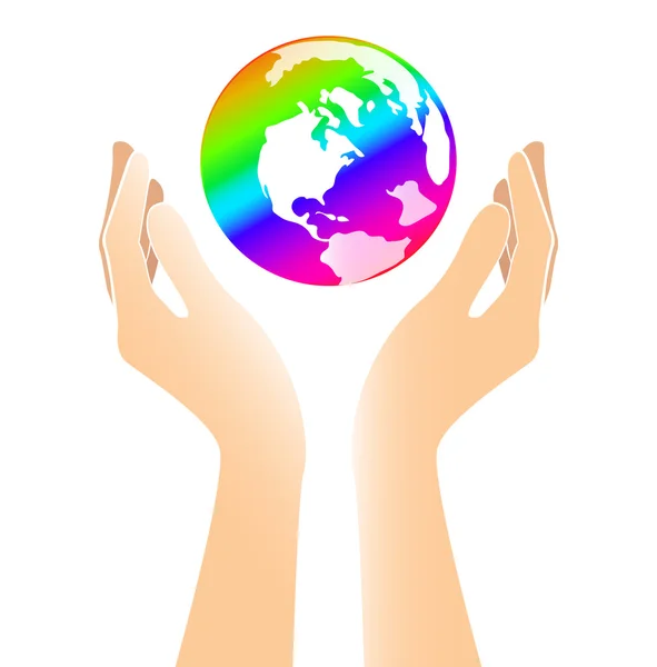 Mãos segurando o mundo do arco-íris — Vetor de Stock