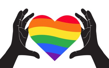 kalp Gökkuşağı bayrağı Lgbt simge vektör tutan el