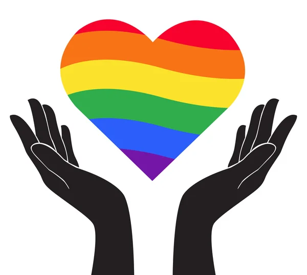 Mano celebración corazón arco iris bandera LGBT símbolo vector — Vector de stock