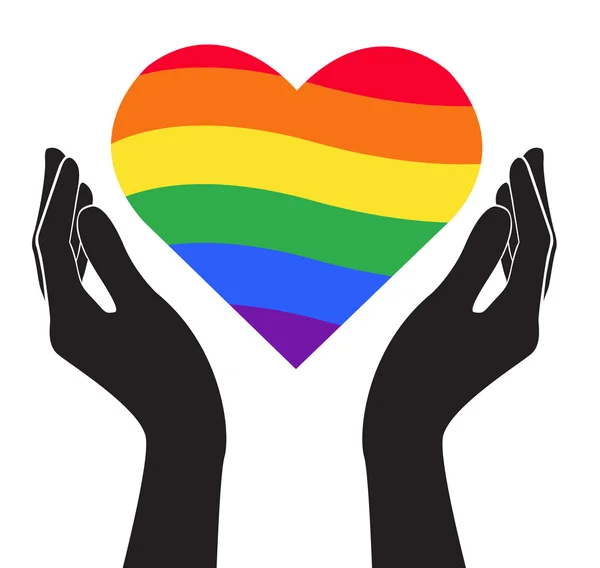 Mano celebración corazón arco iris bandera LGBT símbolo vector — Archivo Imágenes Vectoriales