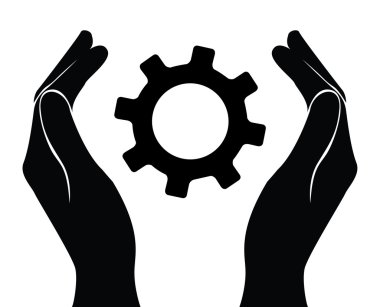 dişli, mühendis sembolü tutan el