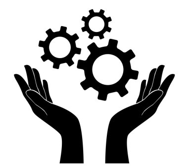 dişli, mühendis sembolü tutan el