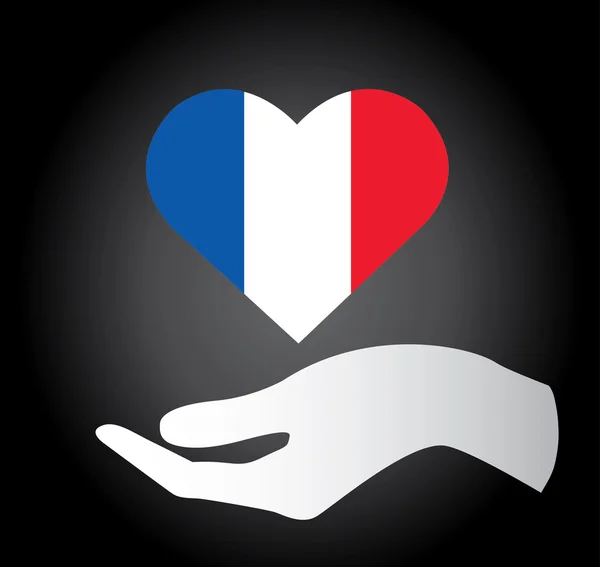 Mãos segurando bandeira francesa no coração, orar por ícone vetor francês — Vetor de Stock