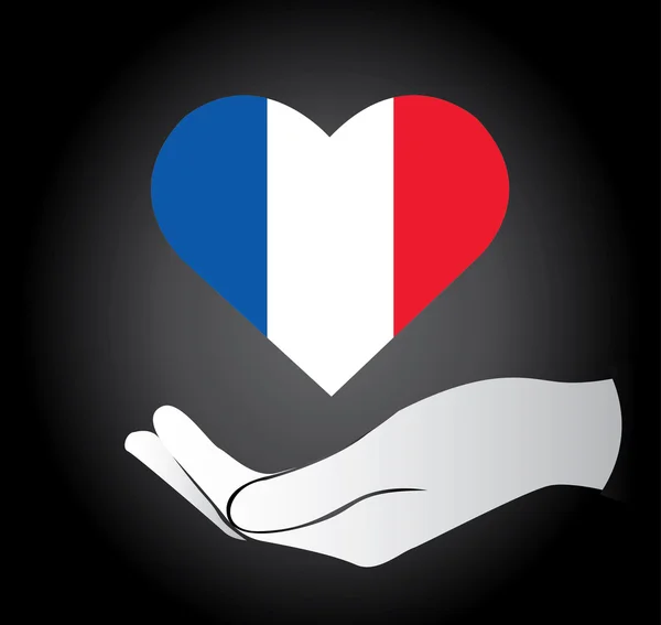 Mãos segurando bandeira francesa no coração, orar por ícone vetor francês —  Vetores de Stock