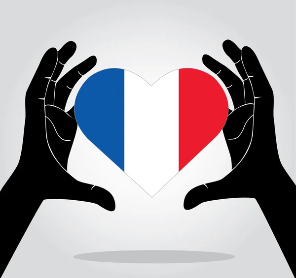 Χέρια που κρατούν γαλλική σημαία στην καρδιά, προσεύχομαι για το εικονίδιο του γαλλικού φορέα — Διανυσματικό Αρχείο