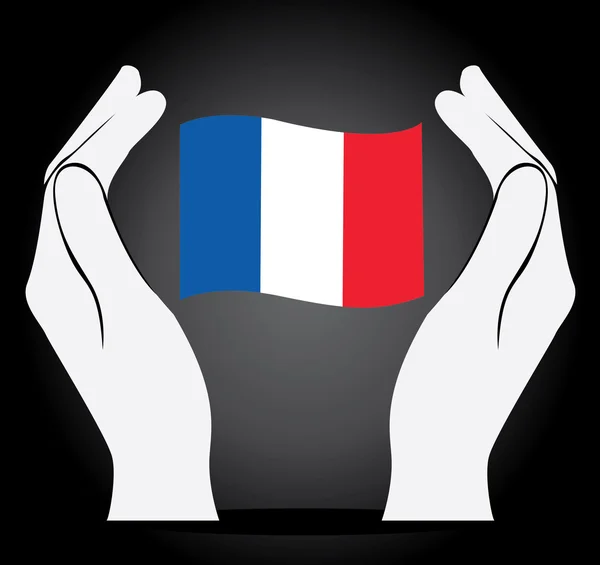 Mano sosteniendo la bandera francesa, rezar por el icono del vector francés — Archivo Imágenes Vectoriales
