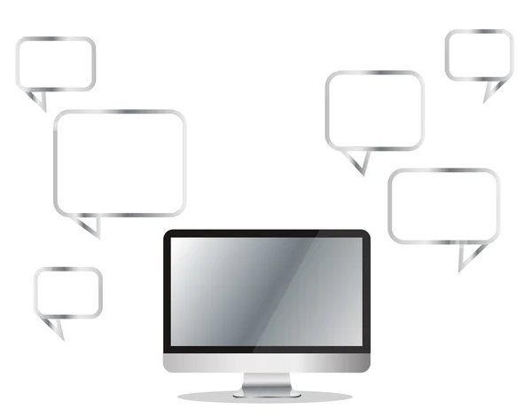 Computer con casella di chat colorata, sfondo della comunicazione della casella di messaggio — Vettoriale Stock