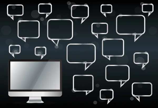 Computer con casella di chat colorata, sfondo della comunicazione della casella di messaggio — Vettoriale Stock