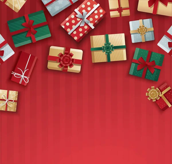 Χριστουγεννιάτικα Κουτιά Δώρων Κουτιά Δώρων Κόκκινο Φόντο Διάνυσμα Εικονογράφηση — Διανυσματικό Αρχείο