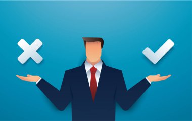 Doğru ve yanlış arasındaki iş adamı kararı. Seçim yapıyorum. Doğru ya da yanlış. vektör illüstrasyonu