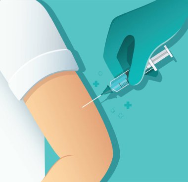 Doktor hastaya aşı veriyor, sağlık sigortası konsepti, vektör illüstrasyonu.