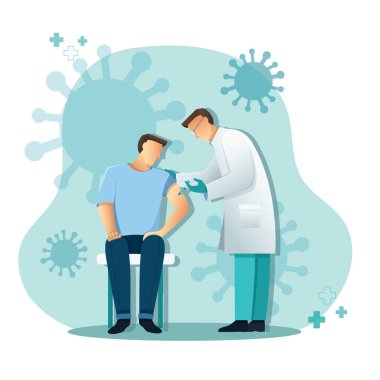 Doktor hastaya aşı veriyor, sağlık sigortası konsepti, vektör illüstrasyonu.