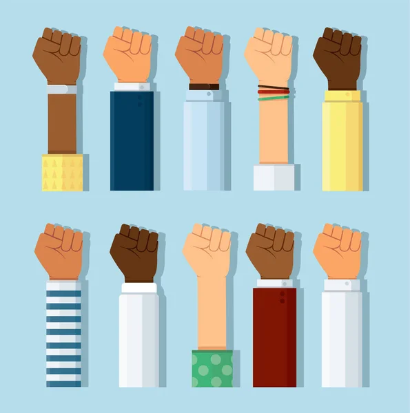 一组不同肤色的拳头手举起来 增强权能 劳动节 人的权利 奋斗理念 — 图库矢量图片