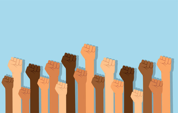 Group of fists raised in air. Group of protestors fists raised up in the air vector illustration 