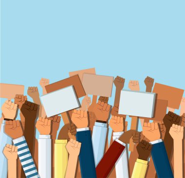 Havada yükselen bir grup yumruk. Hava vektörü illüstrasyonunda bir grup protestocu yumruğunu kaldırdı