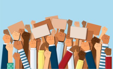 Havada yükselen bir grup yumruk. Hava vektörü illüstrasyonunda bir grup protestocu yumruğunu kaldırdı