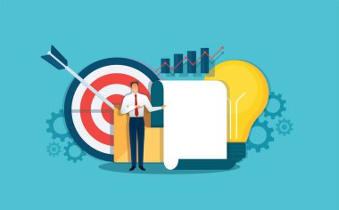 İş adamı sunum yapıyor, iş analisti. Vektör illüstrasyonu