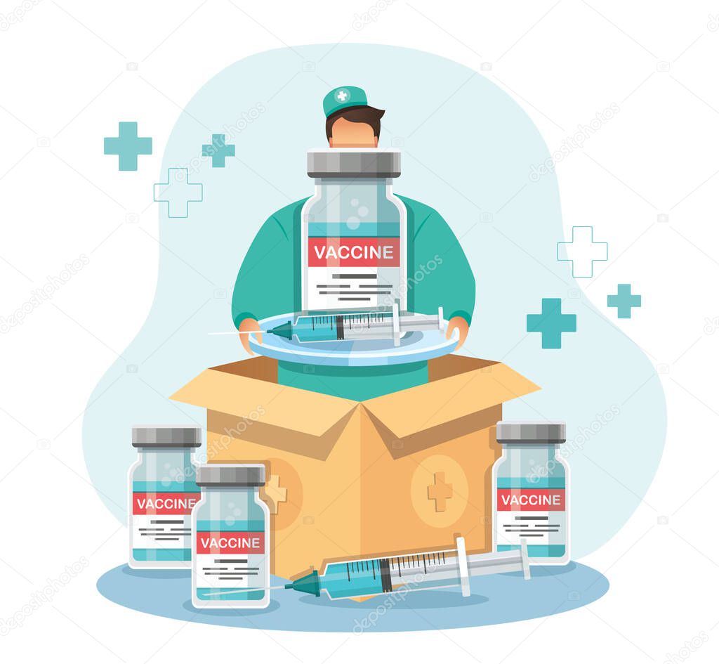 Man holds the vaccine box. delivery of covid-19 vaccines. Medicine healthcare concept, Vector illustration