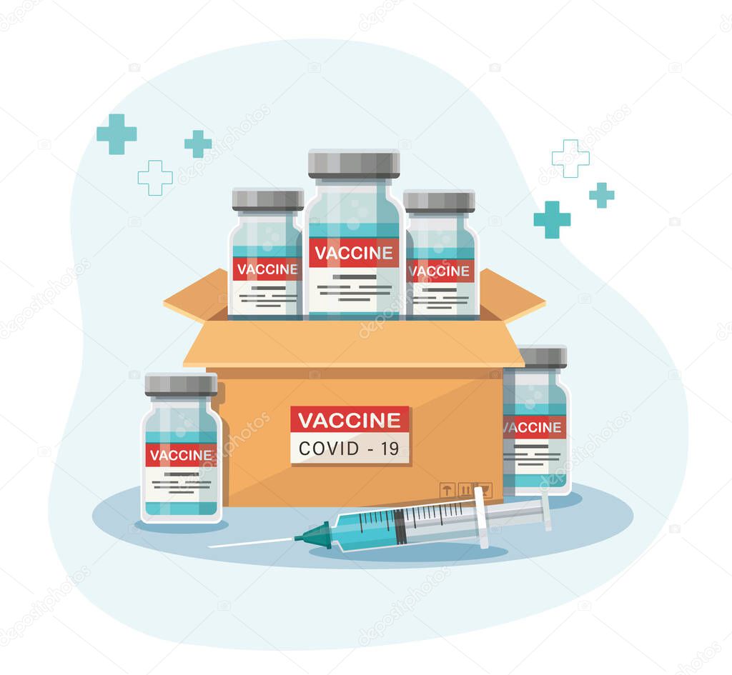 box of coronavirus vaccine. Vaccination and anti virus concept. Vector illustration