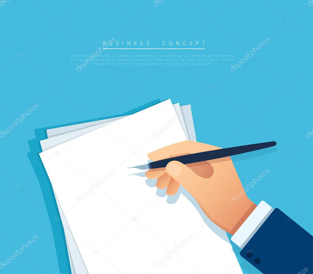hand with pen writing on the white page. vector illustration